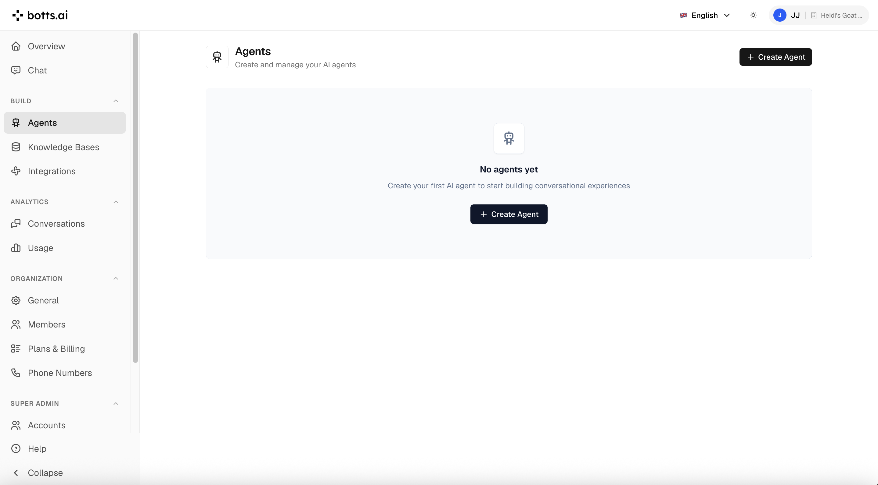 The botts.ai dashboard — your central hub for managing agents, knowledge bases, and deployments.