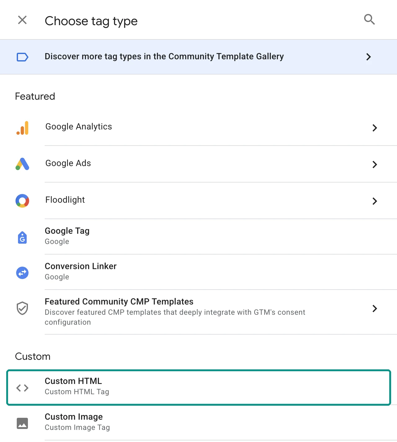The Choose tag type panel in Google Tag Manager with Custom HTML highlighted under the Custom heading