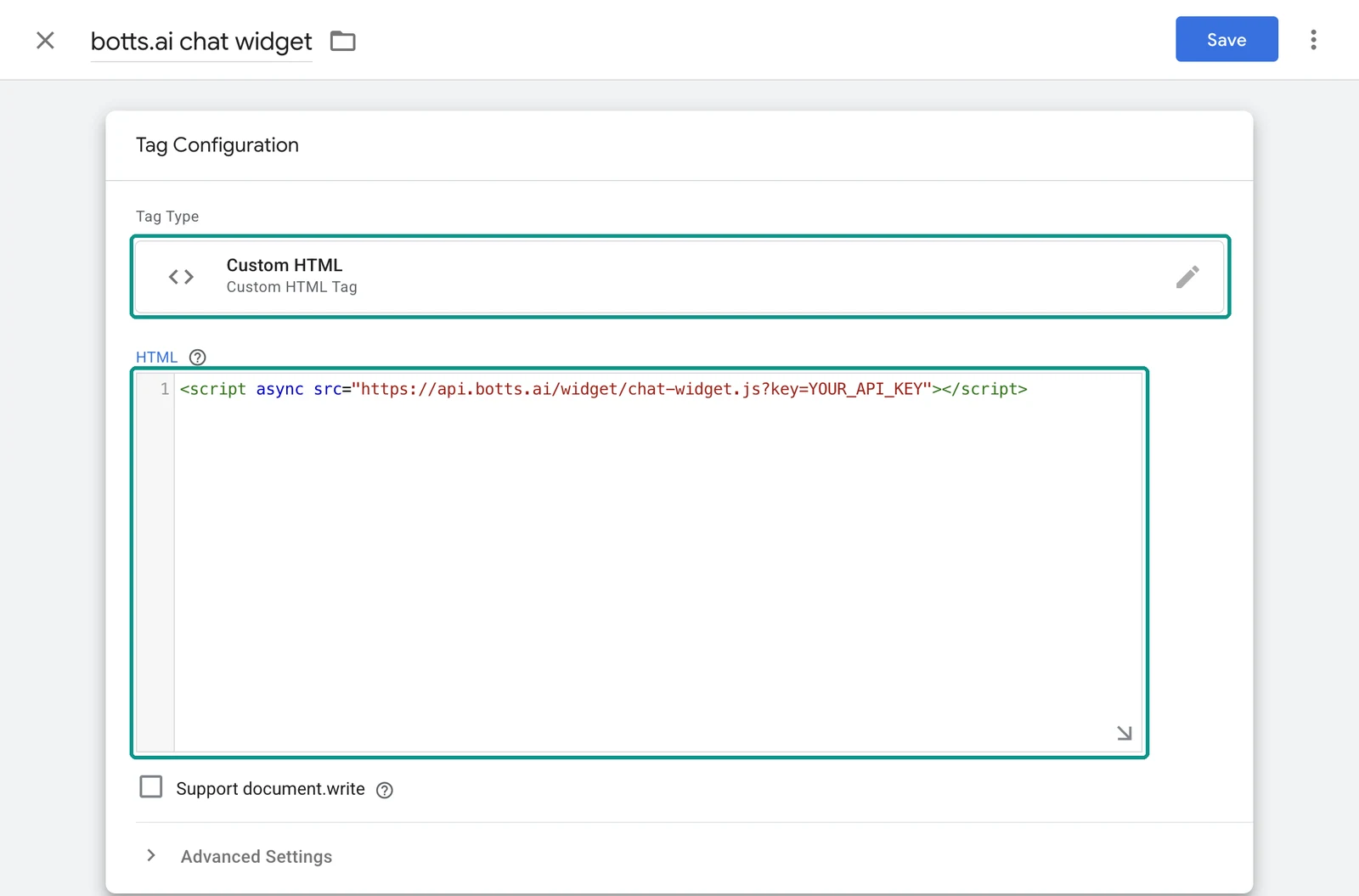 Tag editor named botts.ai chat widget with tag type Custom HTML and the botts.ai embed code in the HTML field, both highlighted