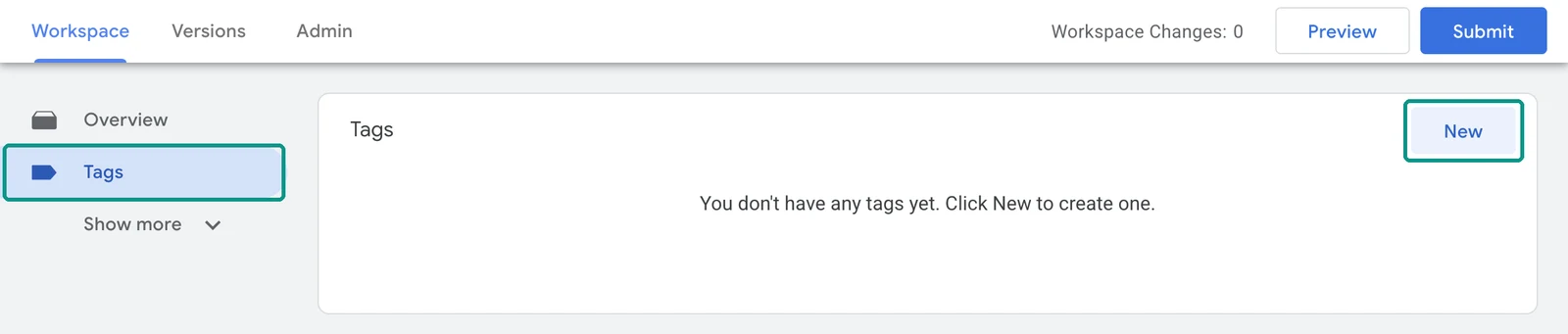 Google Tag Manager workspace with Tags selected in the left menu and the New button at the top right of the Tags list highlighted