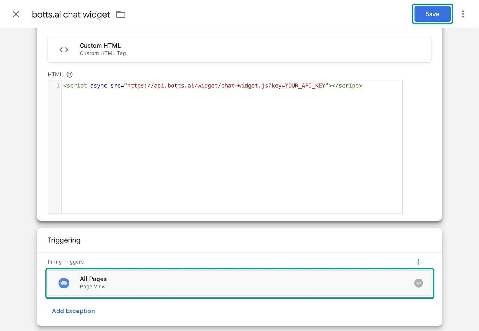 Tag editor with the All Pages trigger under Firing Triggers and the Save button at the top right highlighted