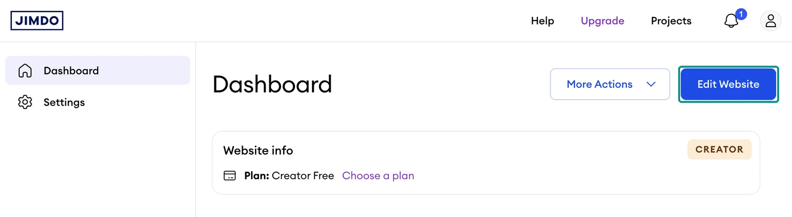 Jimdo dashboard with the Edit Website button highlighted at the top right and a CREATOR badge on the Website info card