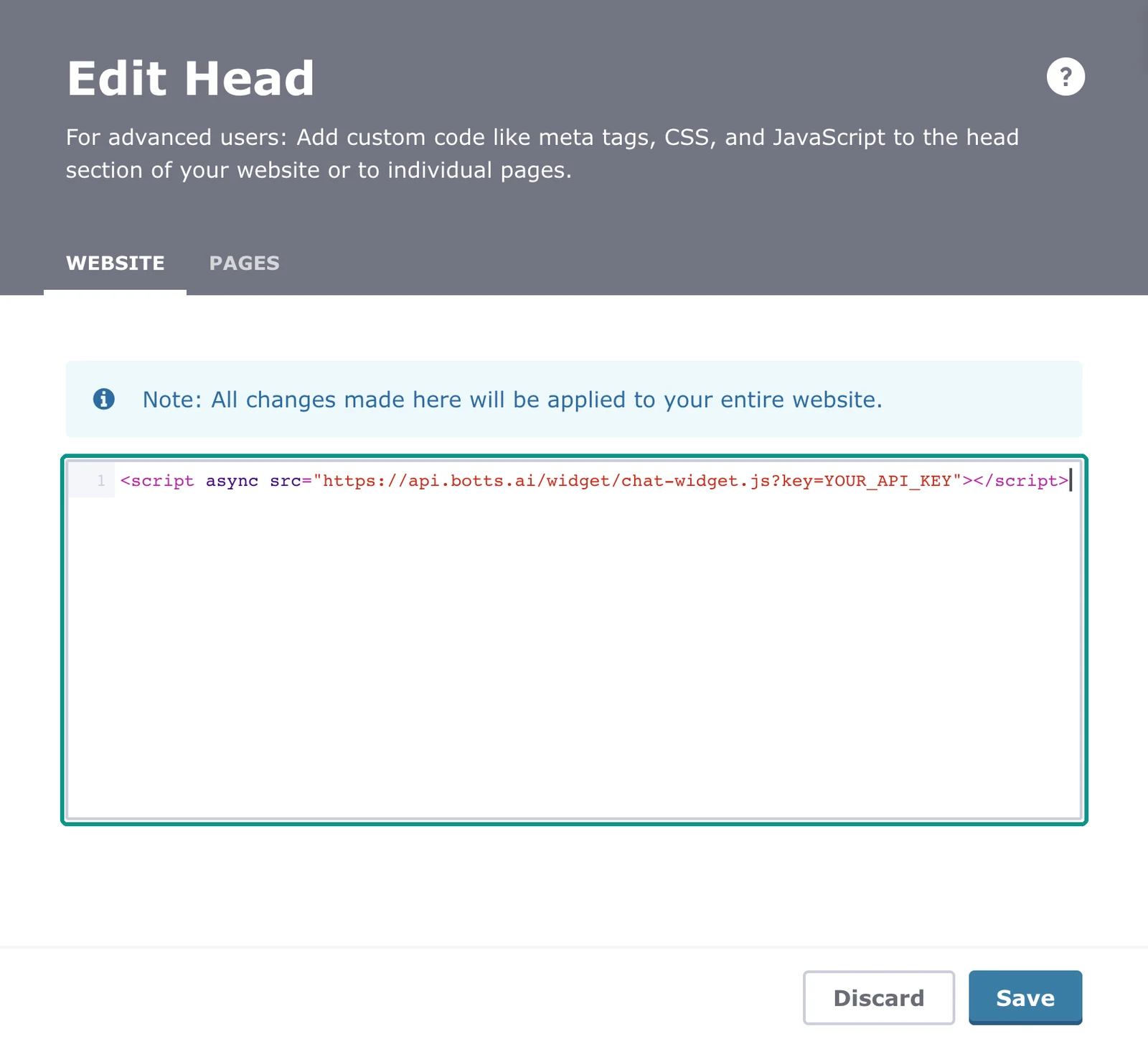 Edit Head panel on the Website tab with the botts.ai embed code typed into the code field, highlighted, and the Save button below