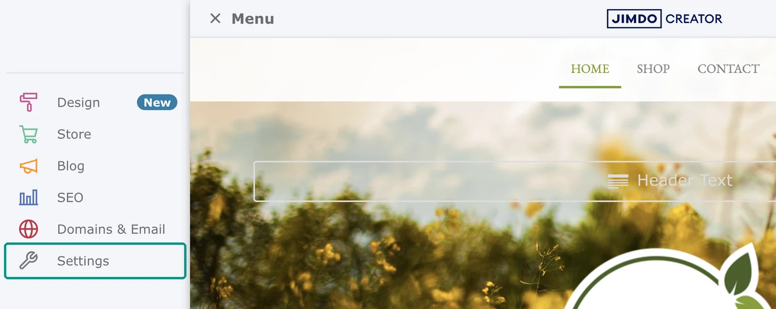 Jimdo Creator editor with the Menu open at the top left and Settings highlighted