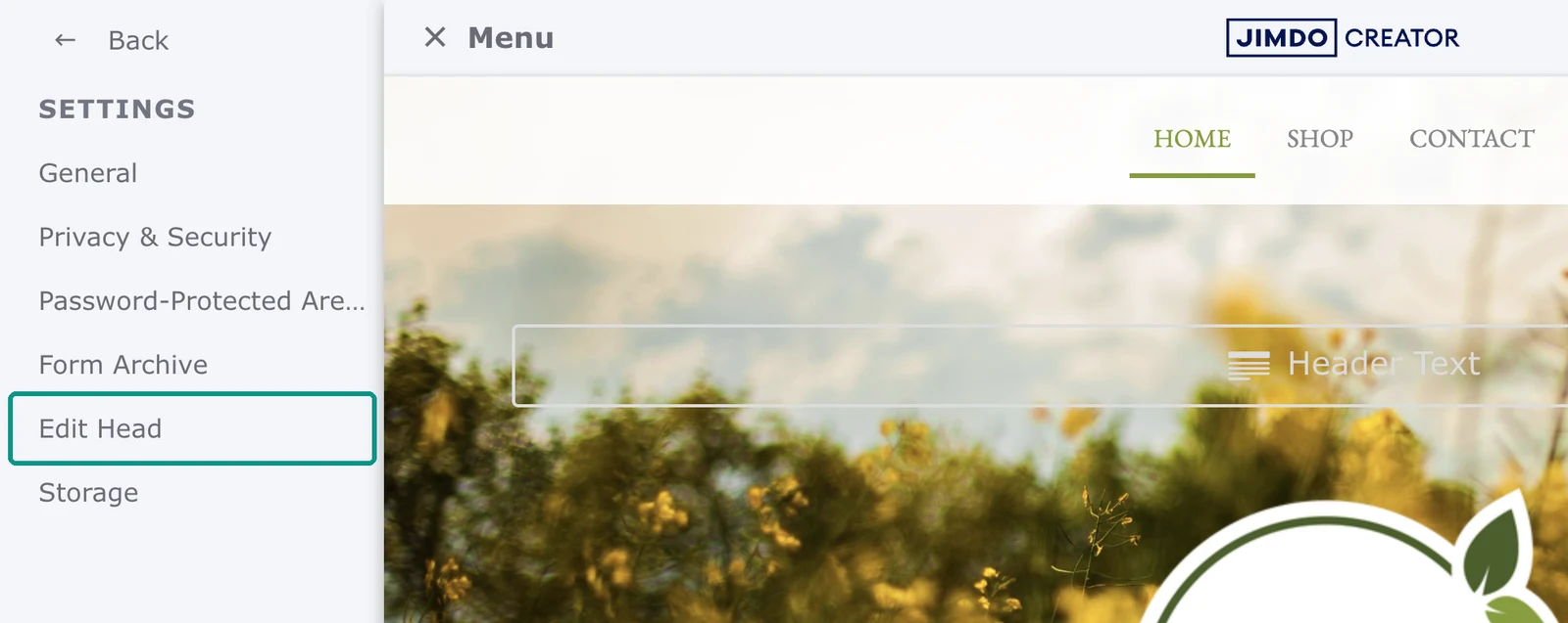 Settings submenu in the Jimdo Creator menu with Edit Head highlighted