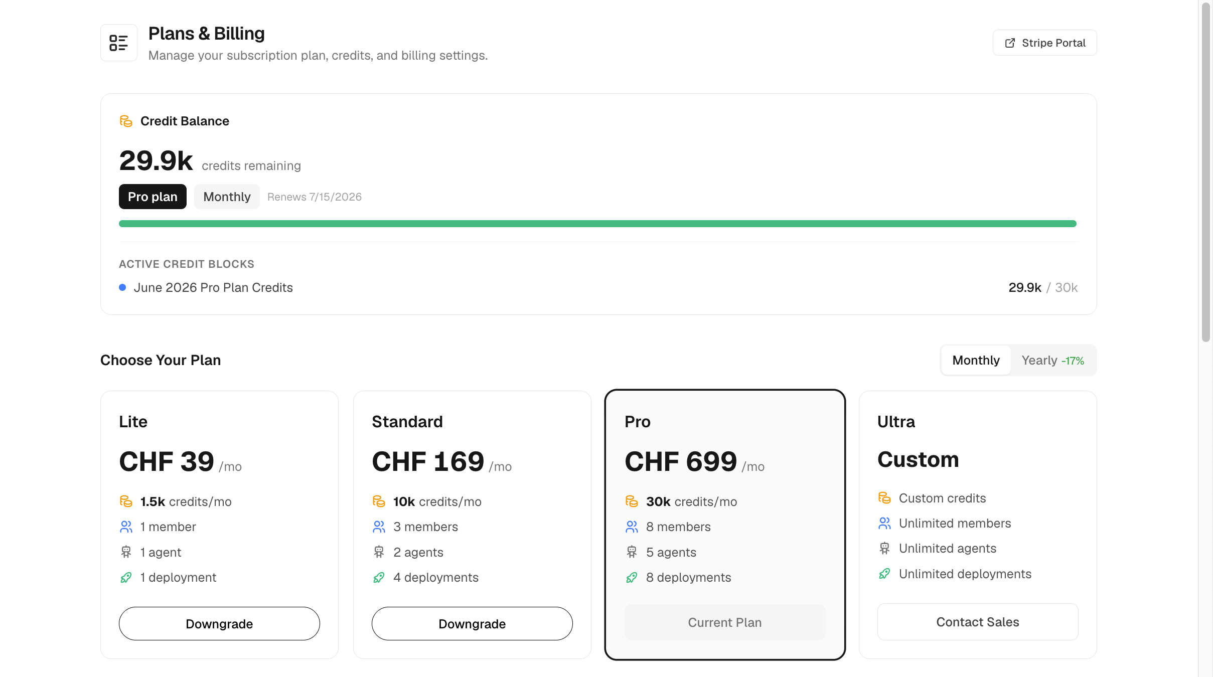 The Plans page: a credit-balance card, a Monthly/Yearly billing toggle with a -17% yearly discount, and the Lite, Standard, Pro, and Ultra plan cards.