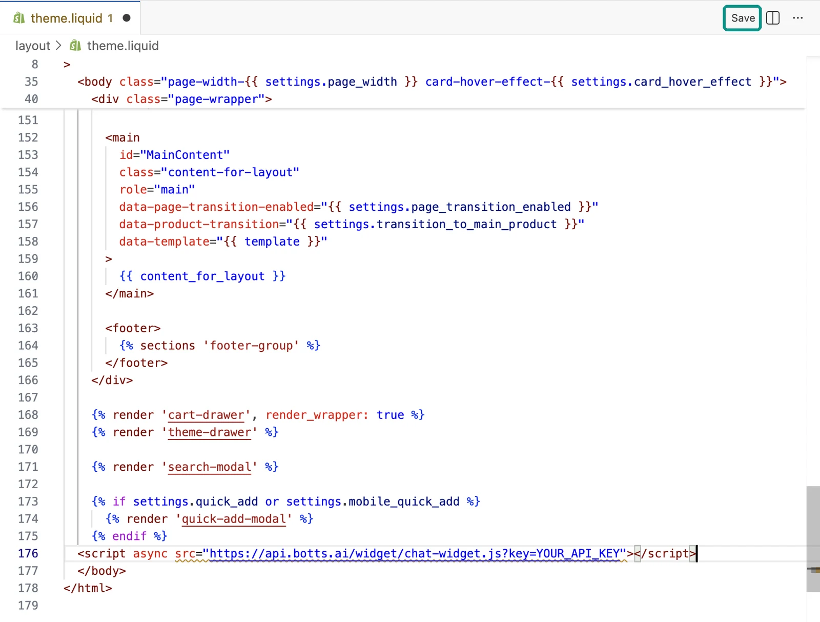 Shopify code editor with unsaved changes in theme.liquid (dot on the tab); the Save button in the top right is highlighted.