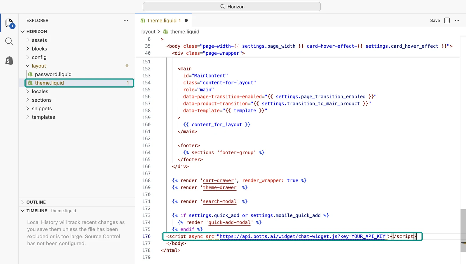 Shopify code editor with layout/theme.liquid open: the botts.ai script is on its own line directly above the closing body tag, and theme.liquid is highlighted in the file list.