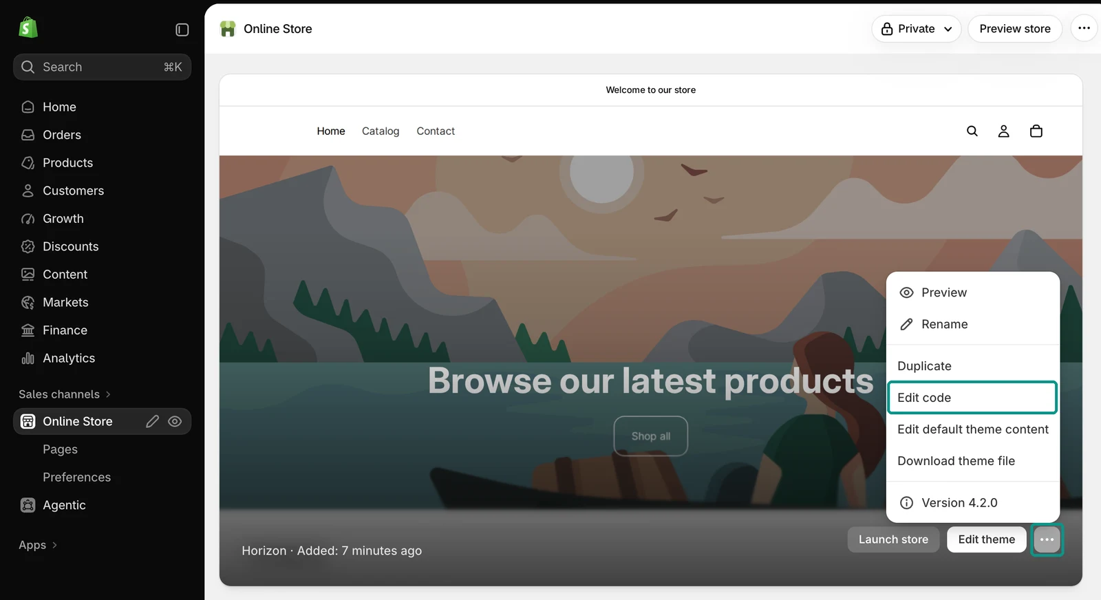 Shopify admin, Online Store page: the ⋯ menu next to the current theme is open and Edit code is highlighted.