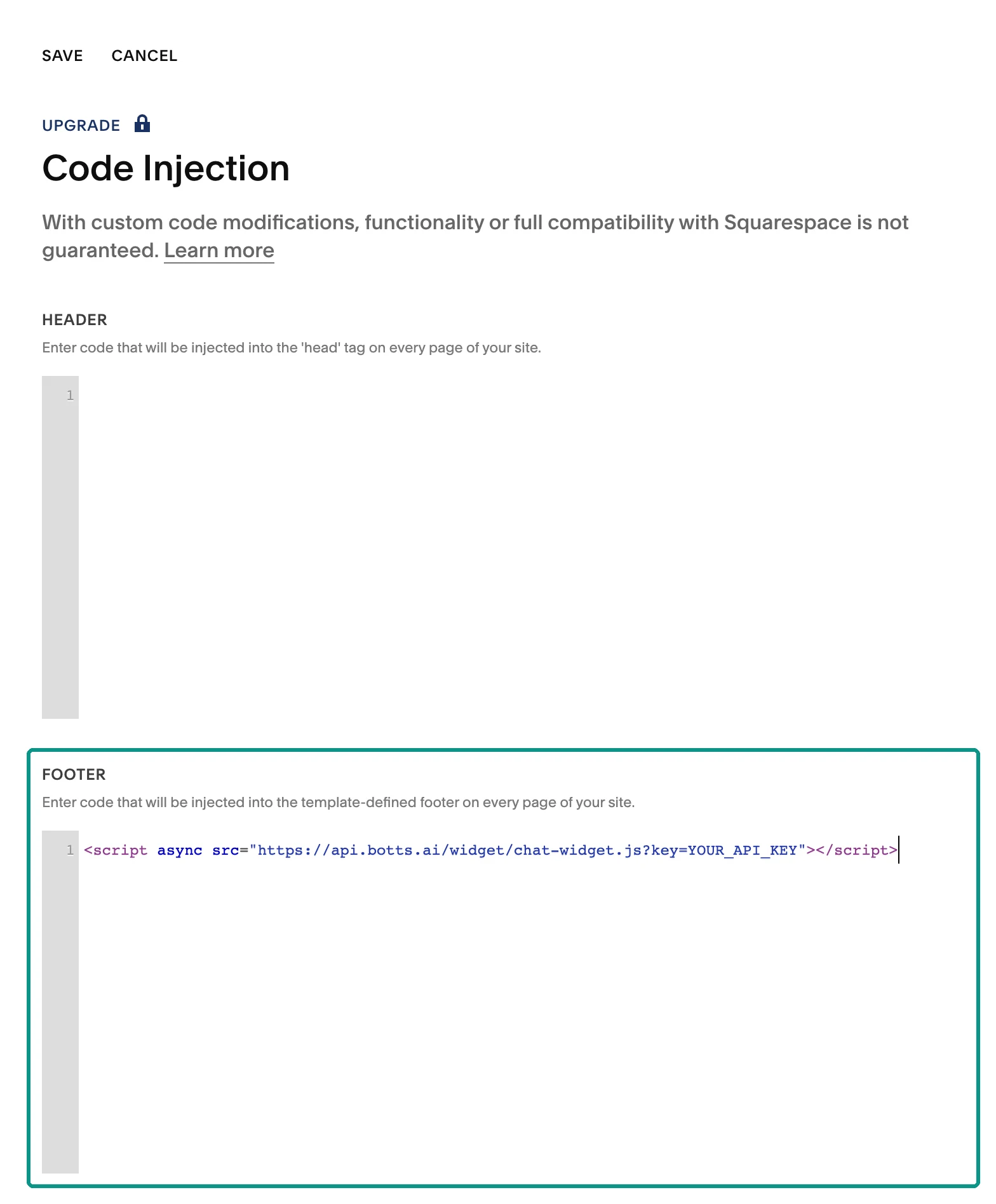 Squarespace Code Injection panel with the botts.ai embed code pasted into the Footer field, which is highlighted.