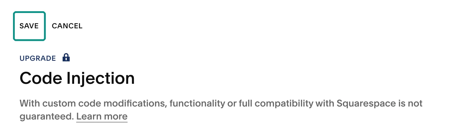 Top of the Squarespace Code Injection panel with the Save button highlighted.