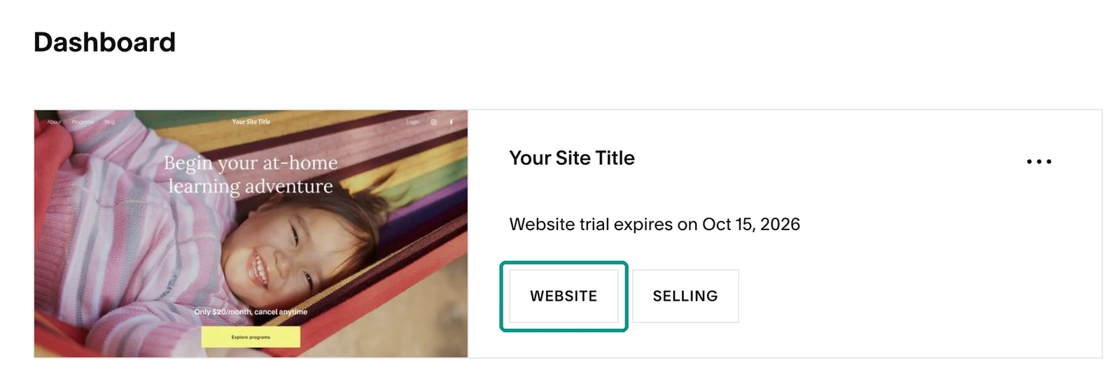 Squarespace account dashboard with a site card and its Website button highlighted.