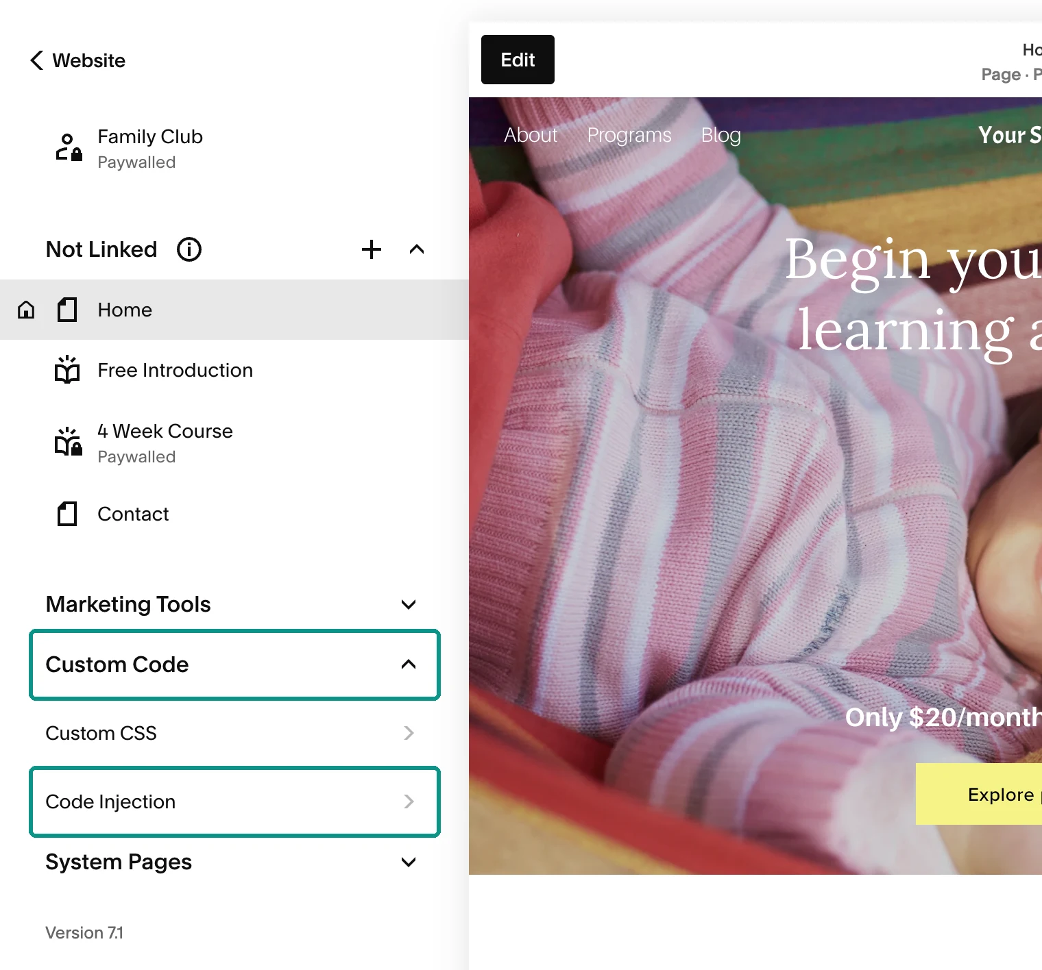 Bottom of the Squarespace Pages panel with Custom Code expanded and Code Injection highlighted.