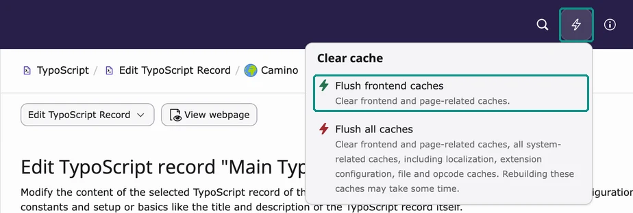 The Clear cache menu in the TYPO3 top bar, opened with the lightning icon, with Flush frontend caches highlighted.