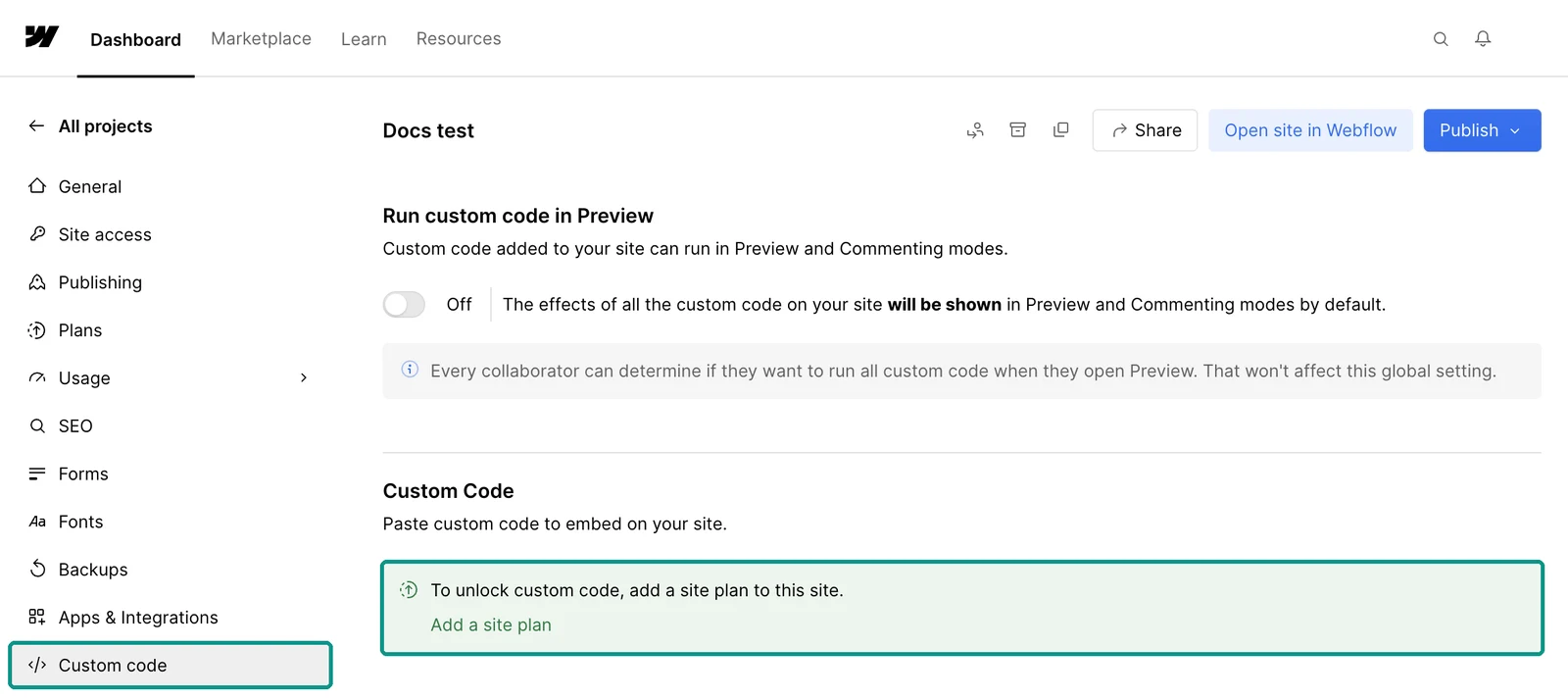 Webflow Site settings with Custom code selected in the left menu. On the free Starter plan the Custom Code section only shows: To unlock custom code, add a site plan to this site.