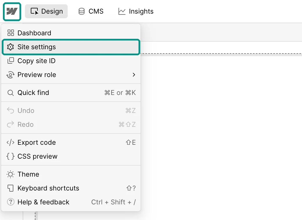 Webflow Designer: the menu under the Webflow logo in the top left is open, with Site settings highlighted.