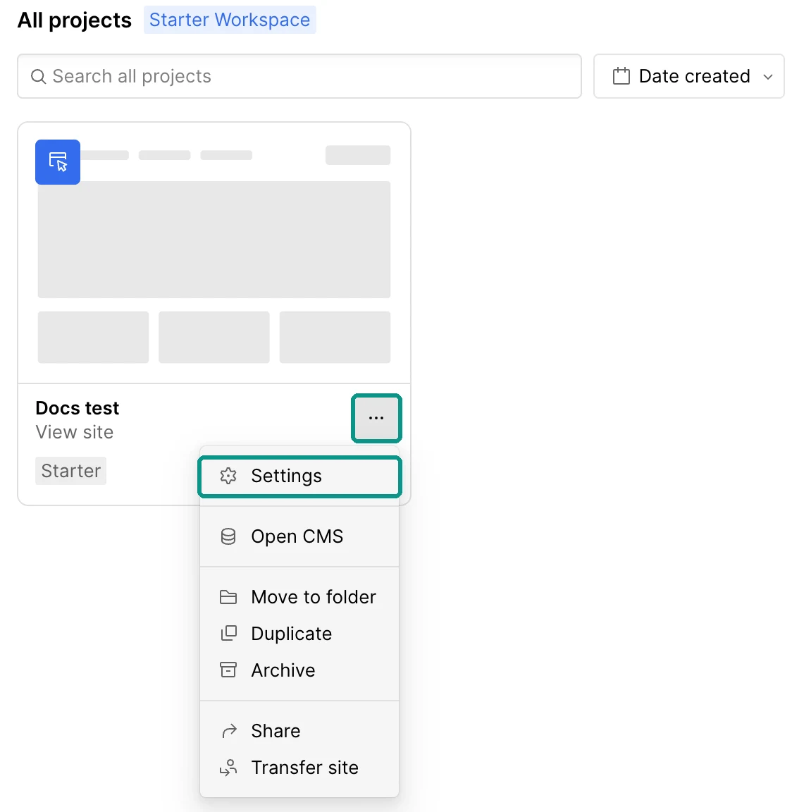 Webflow Dashboard: the more options menu (three dots) of a site card is open, with Settings highlighted.