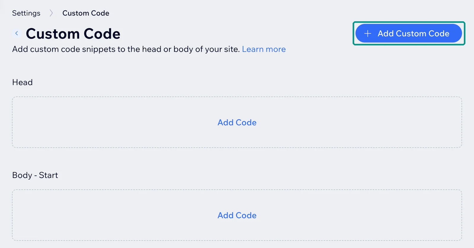 Seite «Custom Code» in Wix, oben rechts ist die Schaltfläche «+ Add Custom Code» markiert