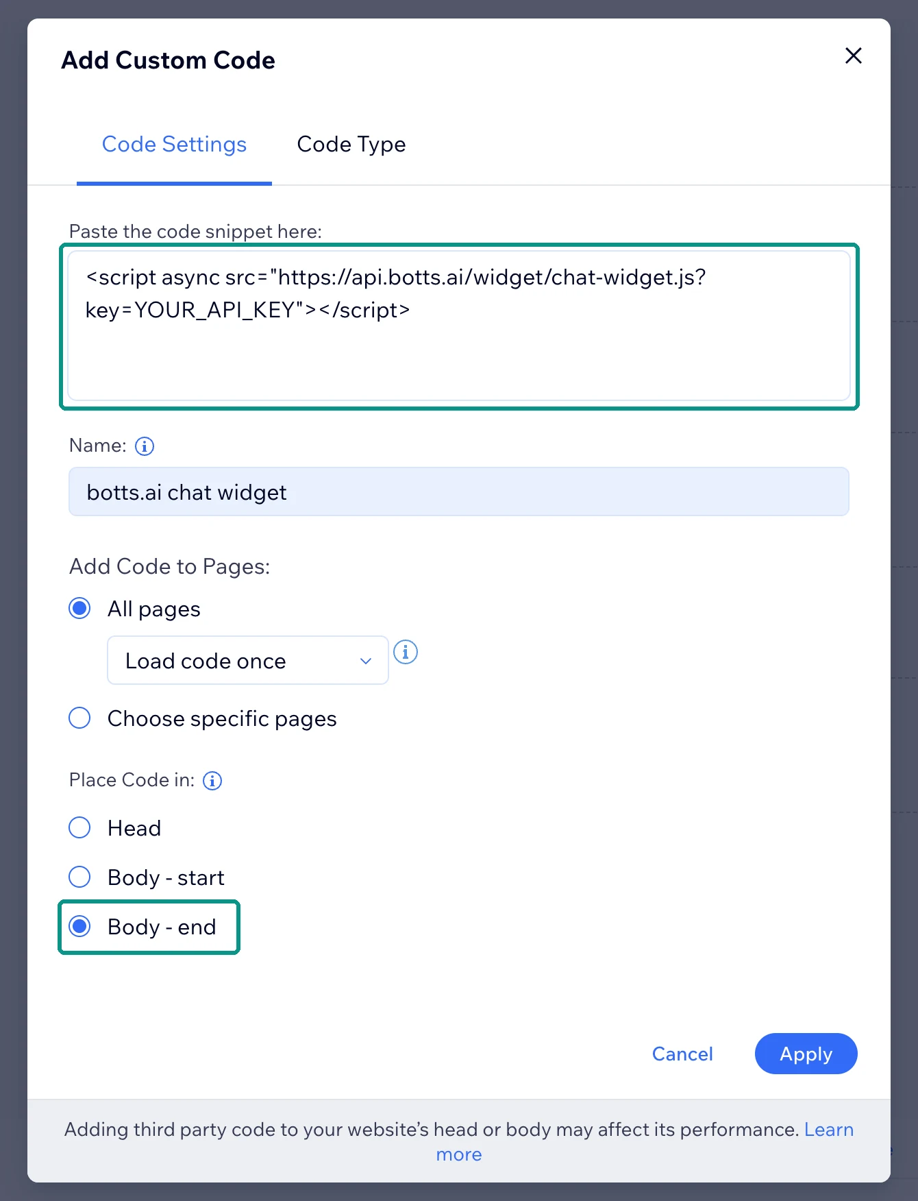 Dialog «Add Custom Code» in Wix: Der botts.ai-Einbettungscode steht im Codefeld, der Name lautet «botts.ai chat widget», «All pages» mit «Load code once» ist gewählt und unter «Place Code in» ist «Body - end» ausgewählt
