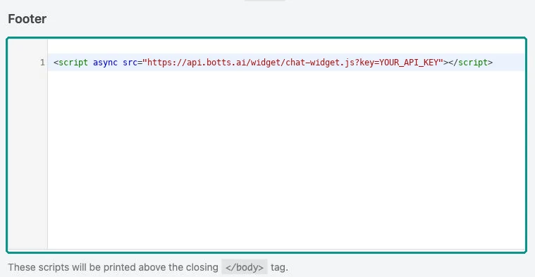 The Footer field in WPCode with the botts.ai embed code on line 1, the key shown as the placeholder YOUR_API_KEY. The hint below says its scripts are printed above the closing body tag.