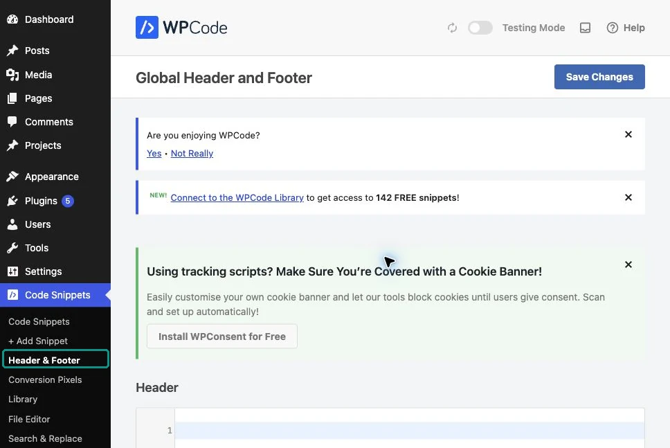 WPCode's Global Header and Footer page, opened from Code Snippets → Header & Footer in the WordPress menu.