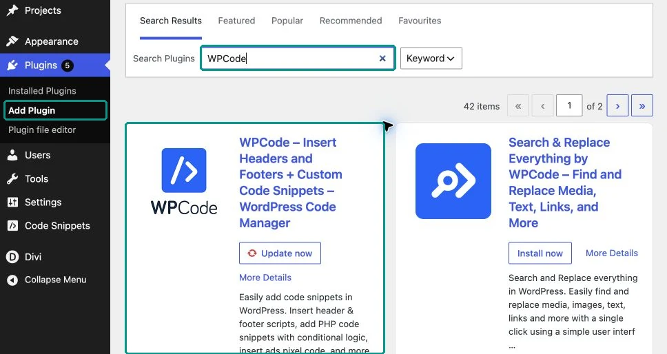 The Add Plugins screen in WordPress with "WPCode" in the search field. The first result, WPCode – Insert Headers and Footers + Custom Code Snippets, is highlighted.